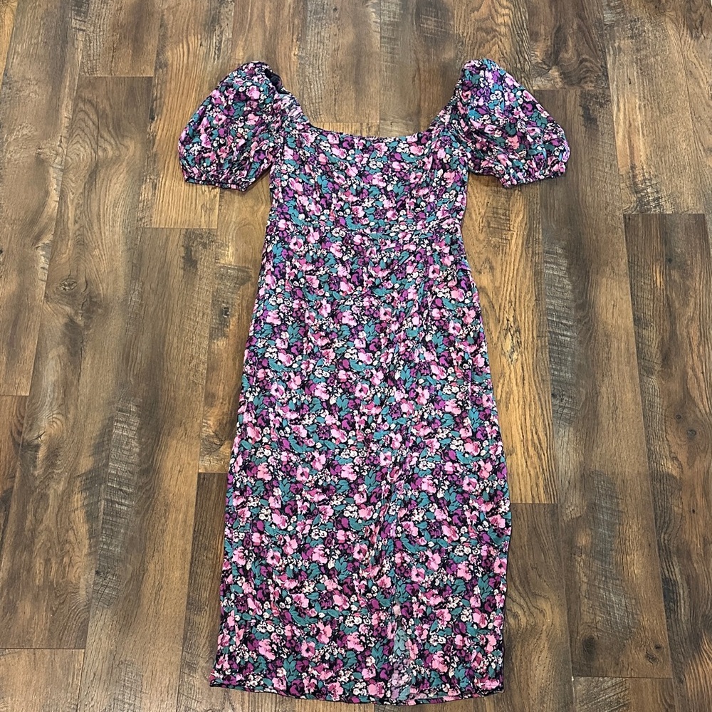 Astr Floral Puff-Sleeve Midi Dress - Pink & Blue